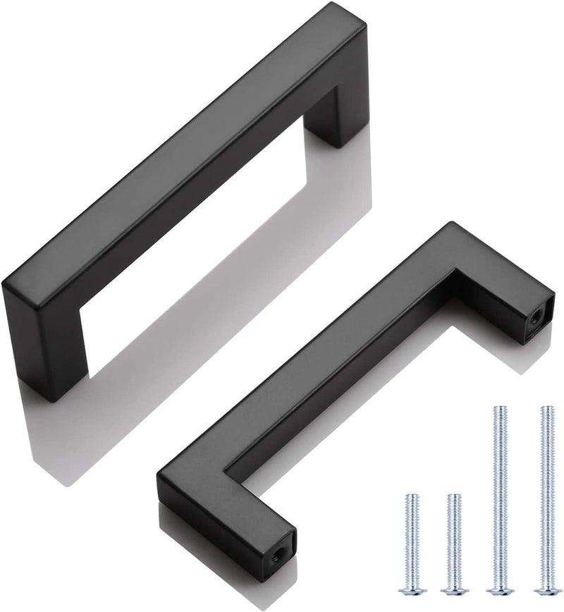 KNOBWELL 6 Pack Black Kitchen Cabinet Pulls, 3-3/4 inch Hole Center Black Square Stainless Steel Dresser Drawer Pulls 4-1/5" Length - Image 1